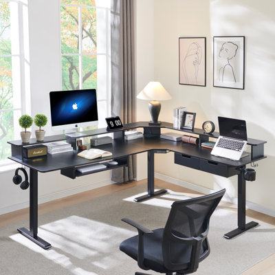 Adjustable Height Modular L-Shaped Steel Standing Desk with Built-In Electrical Outlet