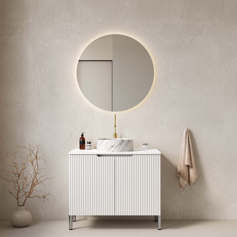 Meuble-lavabo de salle de bain avec lavabo, armoire de rangement autoportante, lavabo en céramique, comptoir à motif de pierre, système de fermeture en douceur et instructions d'assemblage