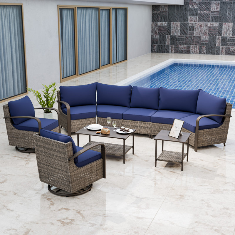 7 - Person Patio Conversation Set with Swivel Lounge Chairs, Blue