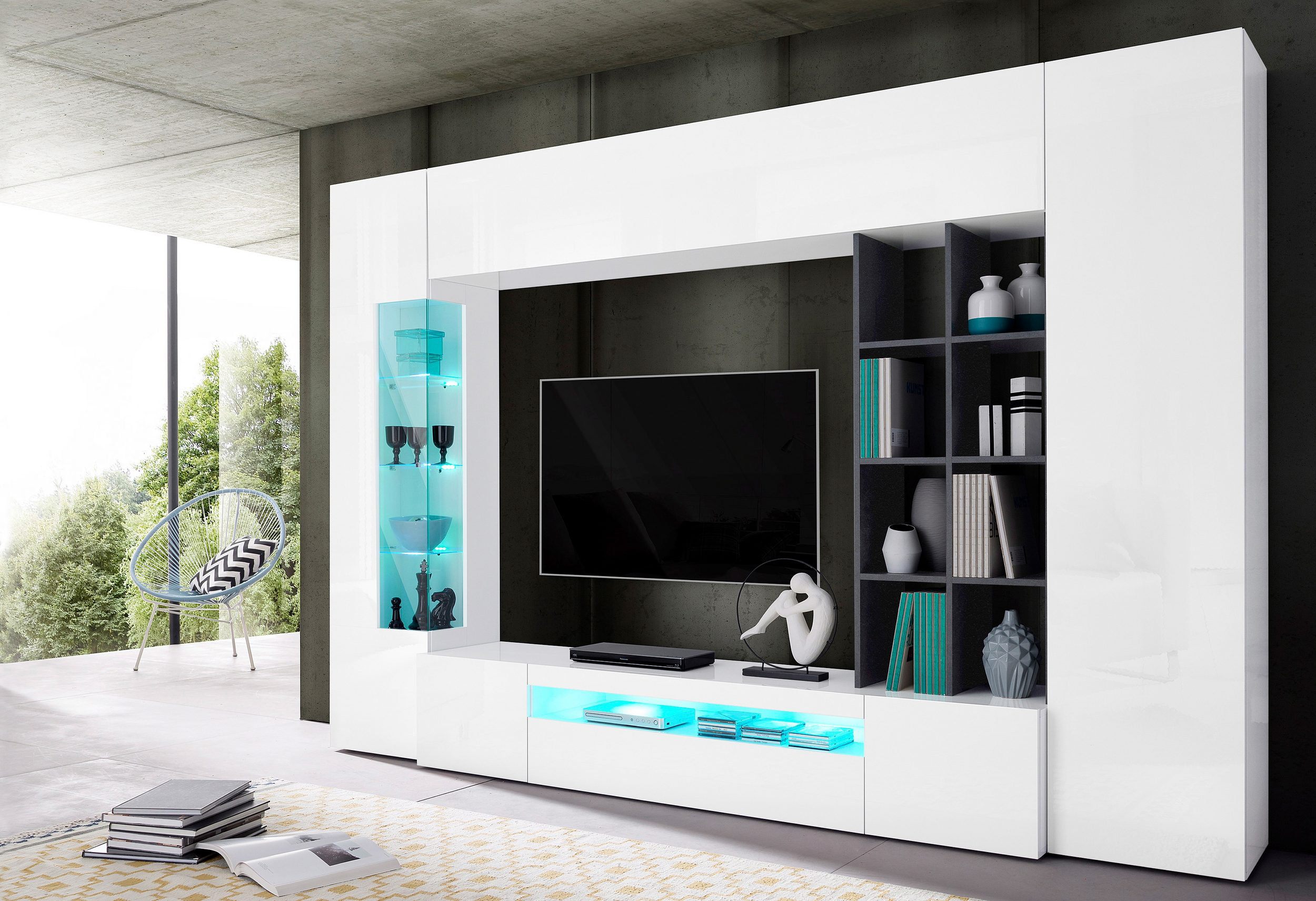 Modern White Gloss And Oak Wall Entertainment Unit With Storage And Led Lights