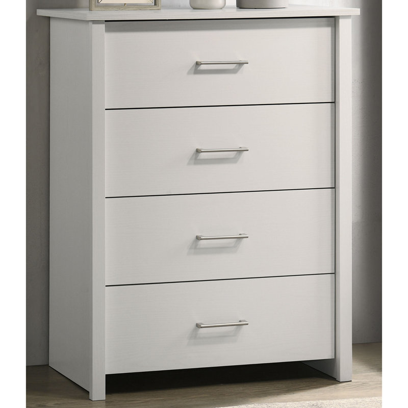 Commode 4 tiroirs avec poignées argentées Celeste, Blanc