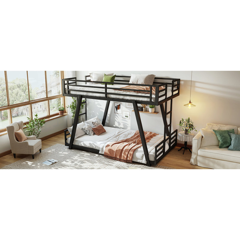 Lit superposé simple TG au-dessus de simple TG avec 2 échelles latérales, lit superposé en métal avec pieds de support spéciaux, lit superposé à profil bas, noir