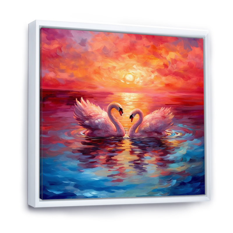 Swans In Love Reflection At Majestic Sunset, Cadre flottant blanc, H 36 po x l 36 po x P 1,5 po