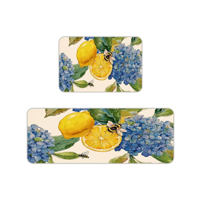 Hydrangea Lemon Bee Print Kitchen Mats for Kitchen & Garden Decor,Yellow Blue 2 Pcs