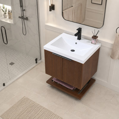 24" Resin Sink Floating Bathroom Vanity with Fluted Double Doors