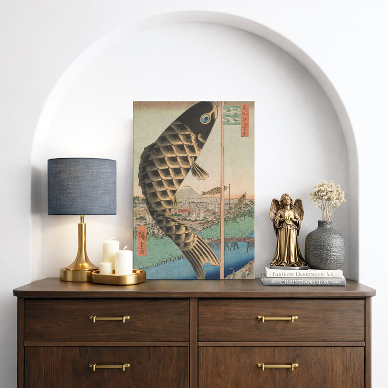 «Flying Carp over Landscape», photos de nature asiatique traditionnelle, impression sur toile encadrée, Toile tendue