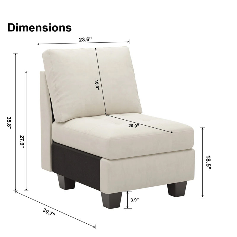 Chaise sans accoudoirs en velours de 23,6 po de largeur et module de chaise simple pour canapé modulaire Eyram, Velours beige