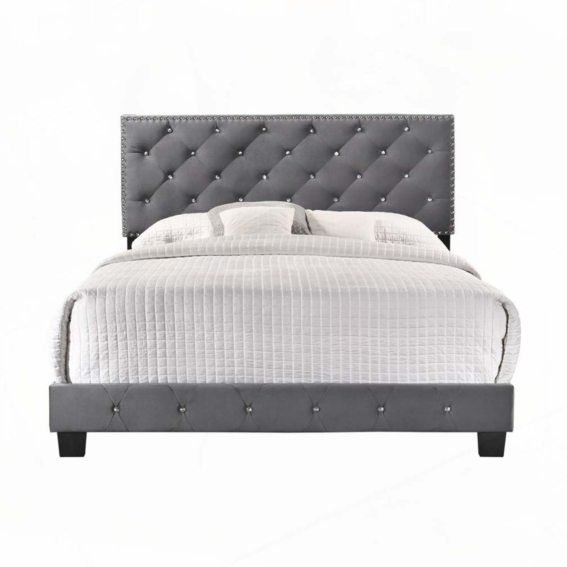 Lit rembourré en velours avec tête de lit capitonnée, parfait pour une expérience de sommeil élégante et confortable, Gris