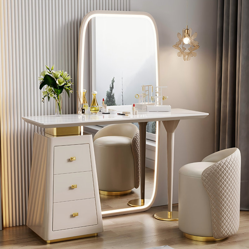 Table de coiffeuse intégrée avec tiroirs de rangement et miroir debout Light Luxury