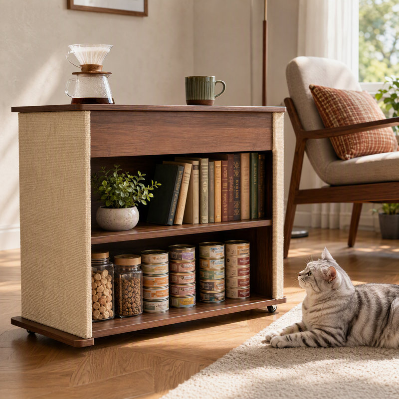 Table d'appoint 2 en 1 avec griffoir pour chat, roulettes verrouillables et rangement dissimulé