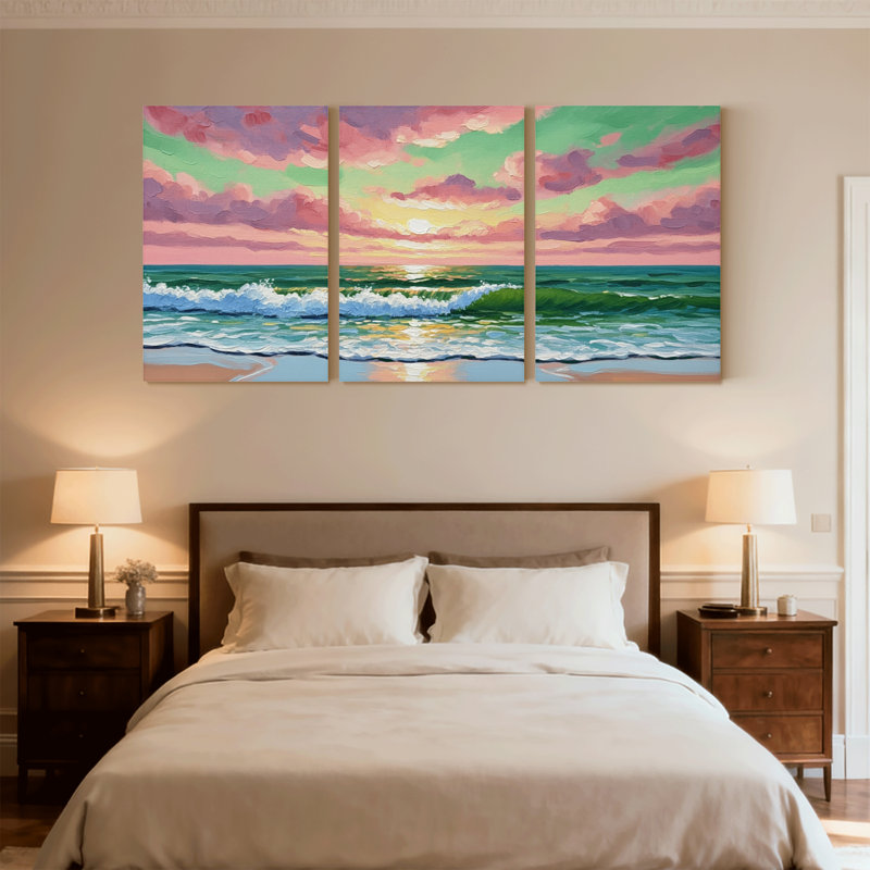 Nautique et plage coucher de soleil océan vagues ciel nuages plage horizon couleurs ensemble de 3 impressions d'art sur toile
