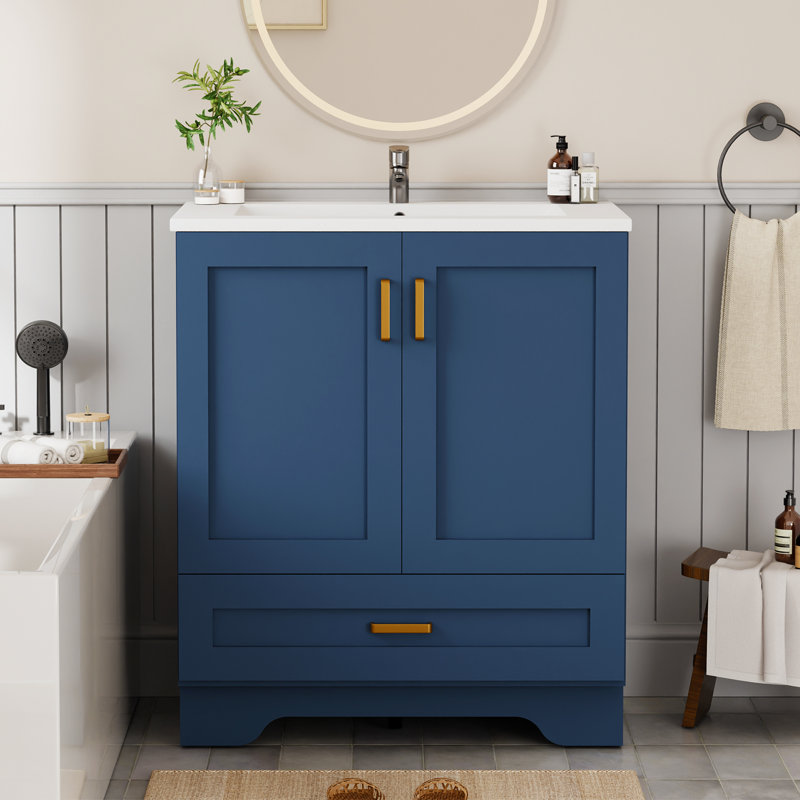 Meuble-lavabo à poser 30 po avec lavabo sur pied 30 po avec 2 portes et 1 tiroir, bleu, Blue, 30"