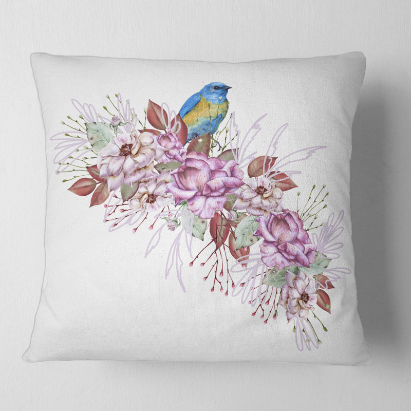 Housse et coussin carrés pour petit oiseau assis sur une branche de fleurs, 16" x 16"