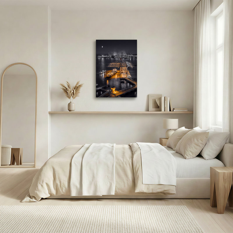 «Cargo Ship and Port Cranes at Industrial Harbor at Night», art mural sur toile, H 18 po x l 12 po