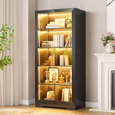 65" 5-Tier Office Storage Cabinet, Glass Display Cabinet With Three-Colour Led Strip And Sensor