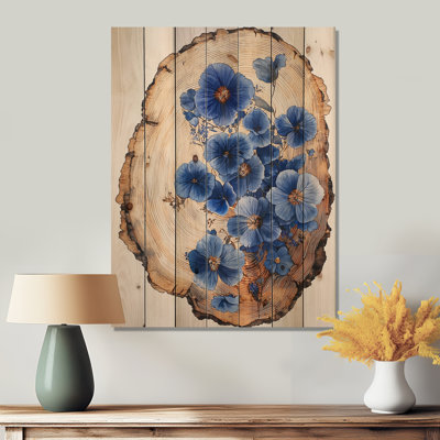 Blue Wildflowers Leaves Wood Slide I - Wildflowers Wood Wall Art - On Natural Pine Wood
