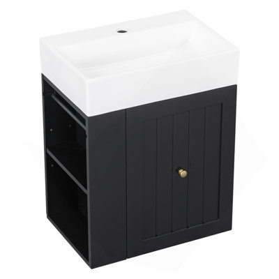 Meuble-lavabo de 20 pouces avec lavabo en céramique, armoire de rangement en panneau de fibres à densité moyenne avec tiroir, tablette latérale et poignée dorée - meuble-lavabo moderne pour les petites salles de bain