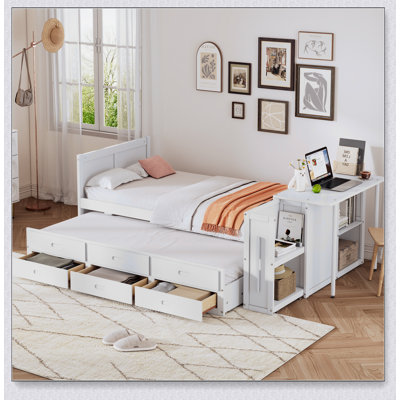 Twin Size Multifunctional Wood Platform Bed With Desk And Storage Shelf At The End Of The Bed