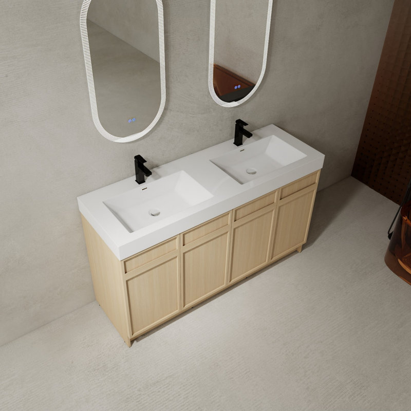 Meuble-lavabo autoportant avec lavabo double en résine blanche