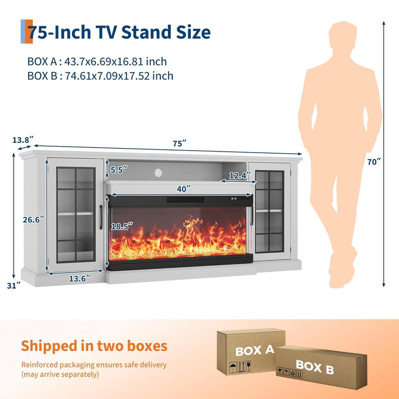 75 in Fireplace TV Stand, Entertainment Center with 40 in Fireplace, TV Console Cabinet with 2 Cabinet Door, Electric Fireplace Heater with Frame and LED Light Colors, White