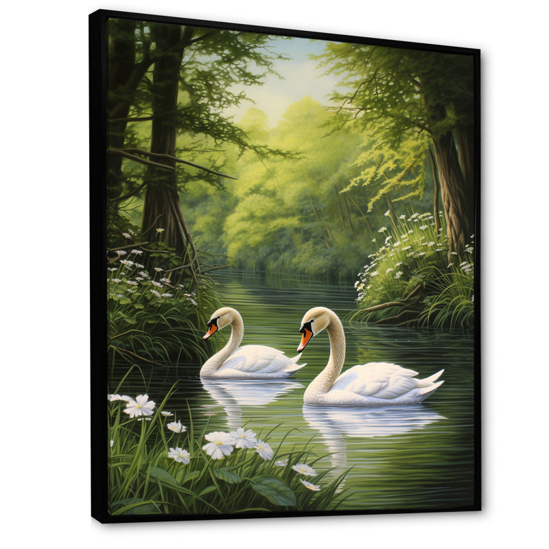«Swans Refuge By The Lake II», reproduction d'art mural Swans Animal, Cadre flottant noir, H 40 po x l 30 po