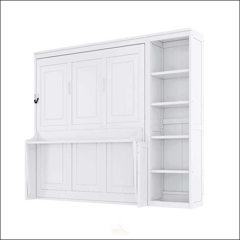 Lit escamotable double avec bureau et bibliothèque, Double, Blanc