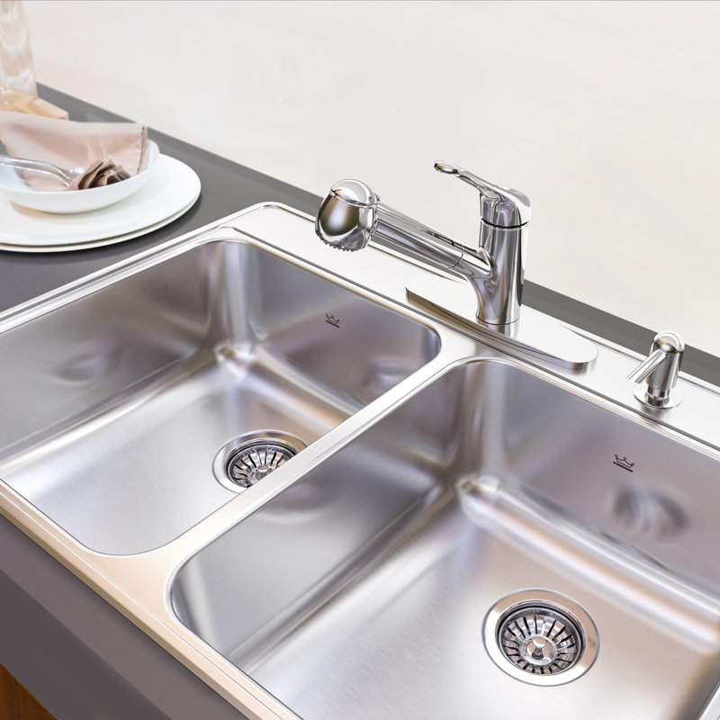 Creemore 33'' L Double Bowl Stainless Steel Kitchen Sink, 4 hole