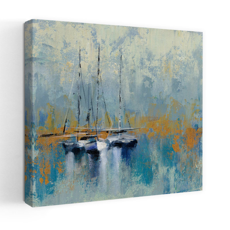 Art nautique de bateaux côtiers dans le port III avec bateaux bleus, H 18 po x l 18 po
