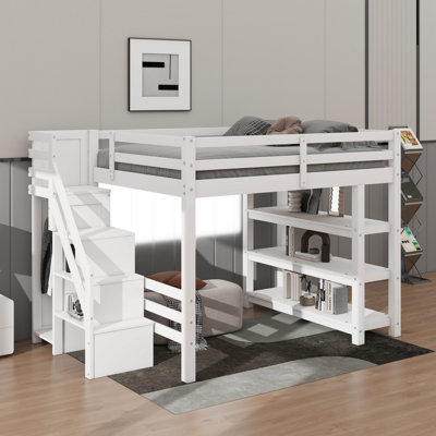 Lit mezzanine complet avec tablettes, escalier de rangement, garde-robe compacte et éclairage à DEL