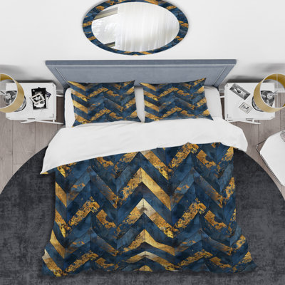 Ensemble de housse de couette transitionnelle Blue Gold Chevron Glamour I