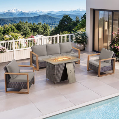 Aldiana 4-Piece Outdoor Conversation Set With Fire Pit Table, 5-Person Wicker Patio Seating Group With Sofa And Armchairs