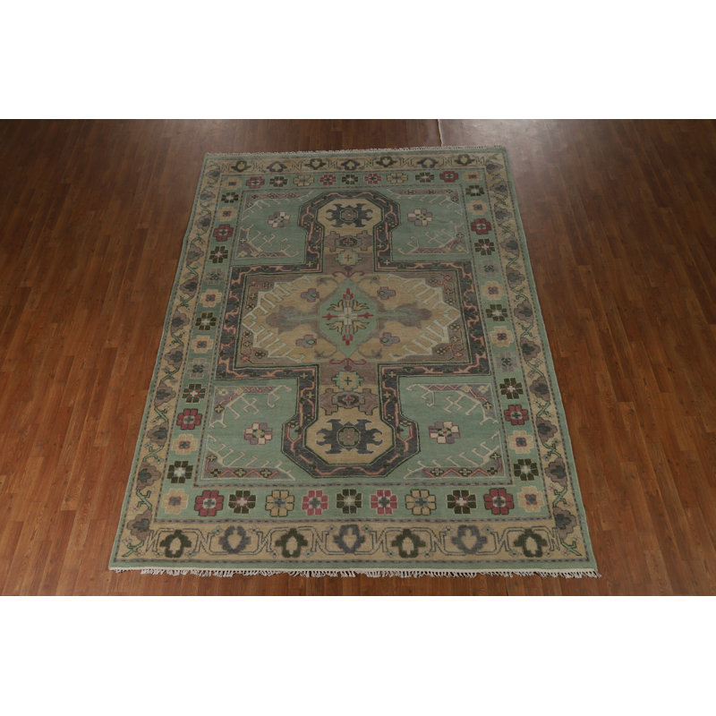 Tapis vert à motif géométrique vert Oushak