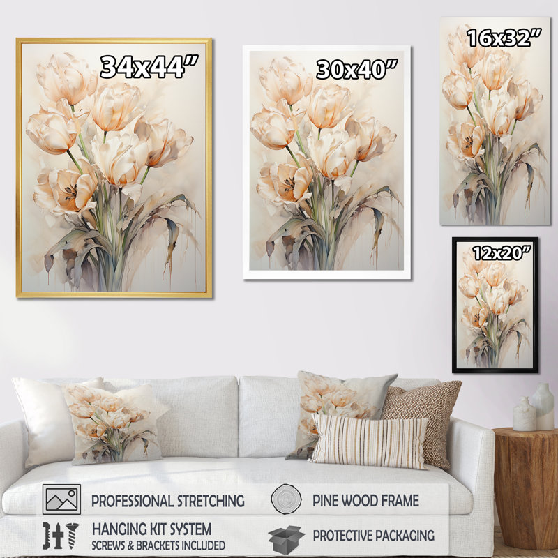 «Beige embelli tulipes symphonie II sur toile», Cadre flottant blanc, 32" H x 24" W