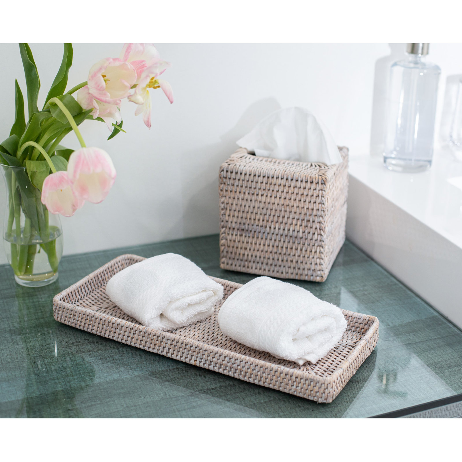 Rattan Vanity Decorative Tray, White Wash