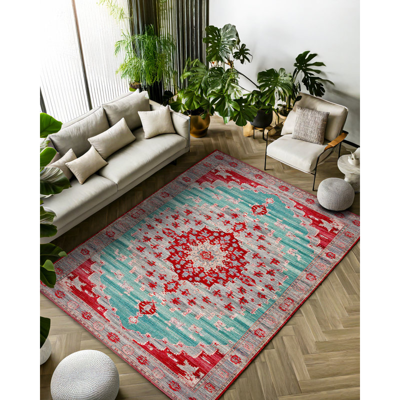 Tapis oriental en coton et polyester bleu Motto, Rond 3 pi 4 po