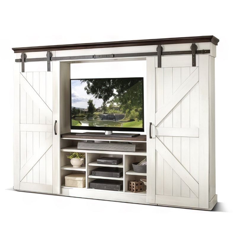Orso TV avec console murale de divertissement et portes de grange blanches 109 po Orso