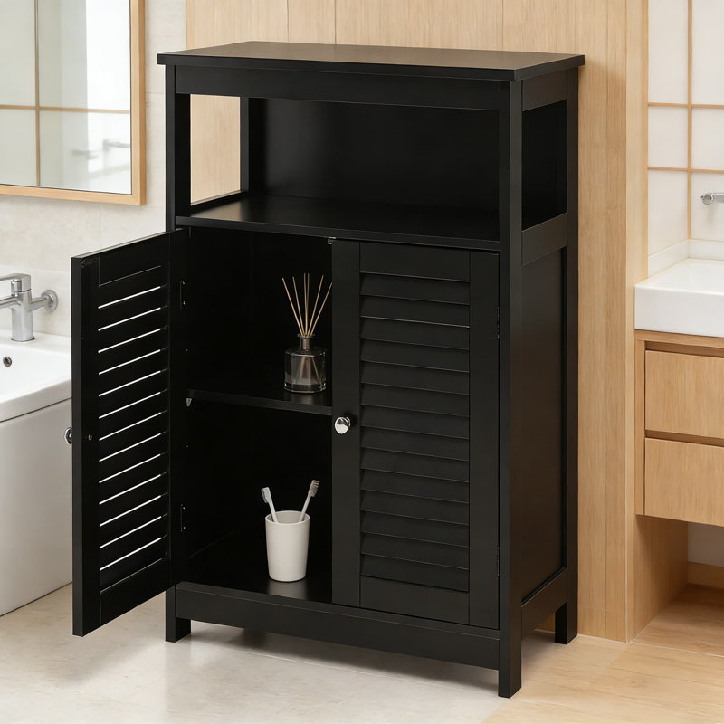 Armoire de rangement autoportante avec portes à persiennes, tablette réglable et sécurité anti-basculement, organisateur de plancher polyvalent pour la salle de bain, le salon, la cuisine et le vestibule