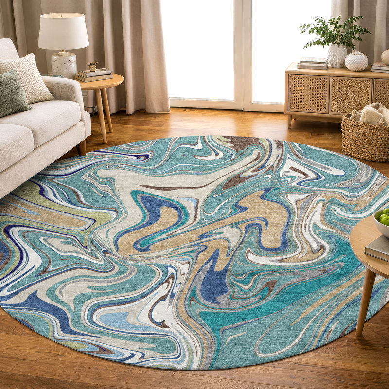 Premium Machine Washable Mayfield AMF2395 Abstract Rug, Teal, 8' Round