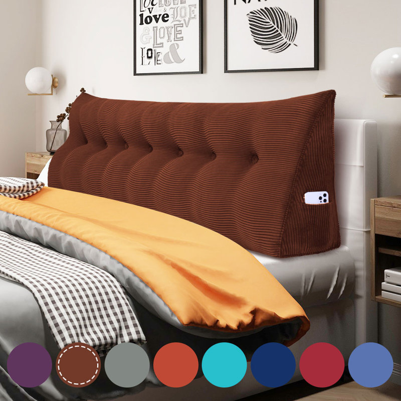 Large Triangular Headboard Reading Wedge Backrest Pillow for King Bed or Daybed, Coffee