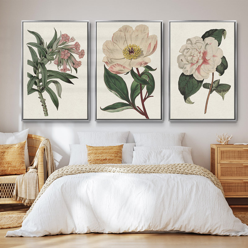 «Pink Floral Mix VI», ensemble de 3 cadres flottants sur toile, Argent, H 36 po x l 72 po