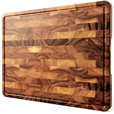 End Grain Cutting Board for Kitchen with Non-slip Feet, 24" Acacia Wood Heavy Duty Checkered Cutting Board, Chopping Board with Juice Groove & Handle, Large Wooden Butcher Block with Gift Box
