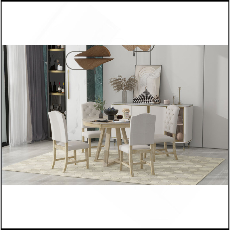 Ensemble de salle à manger rétro 5 pièces, table ronde avec rallonge de l 16 po et 4 chaises rembourrées pour salle à manger et salon (naturel)