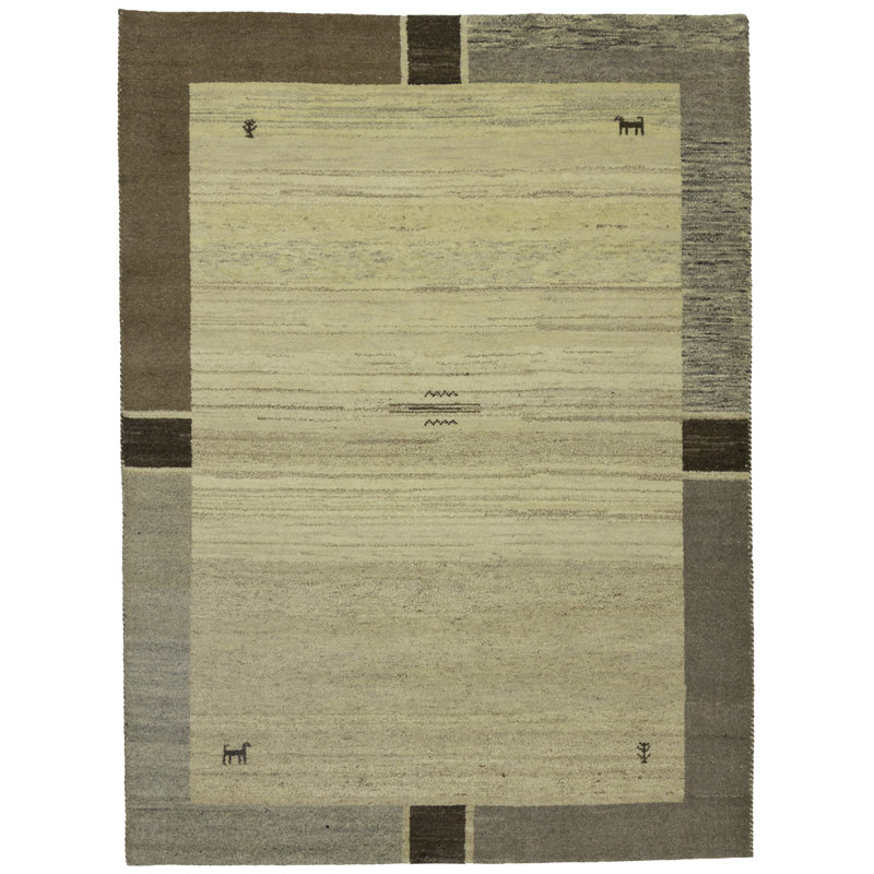 Tapis beige / gris en laine noué à la main Lucie-Luise