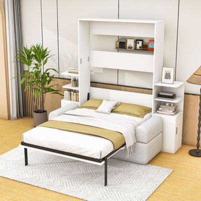Full Wooden Murphy Bed with Built-In Shelving and Upholstered Sofa