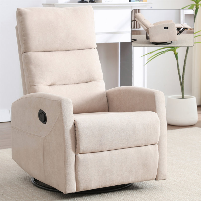 Manual Recliner Chair With Rocker And Swivel In Fabric For Living Room, Beige