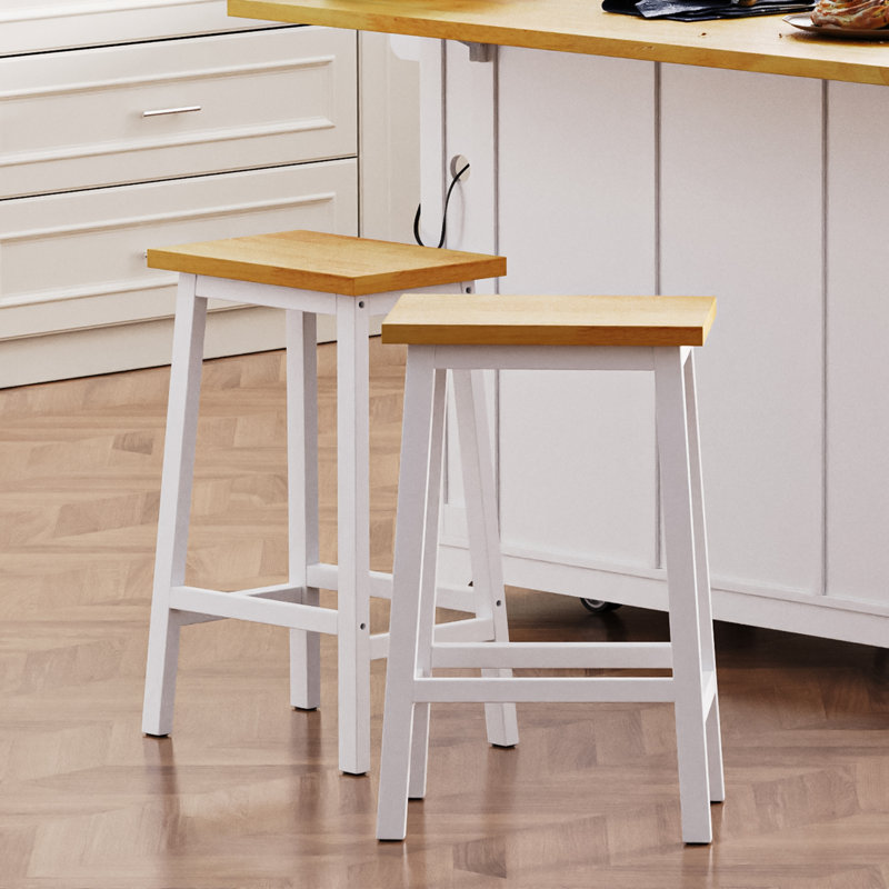 Ensemble de 2 tabourets de bar en bois massif, Naturel / Blanc