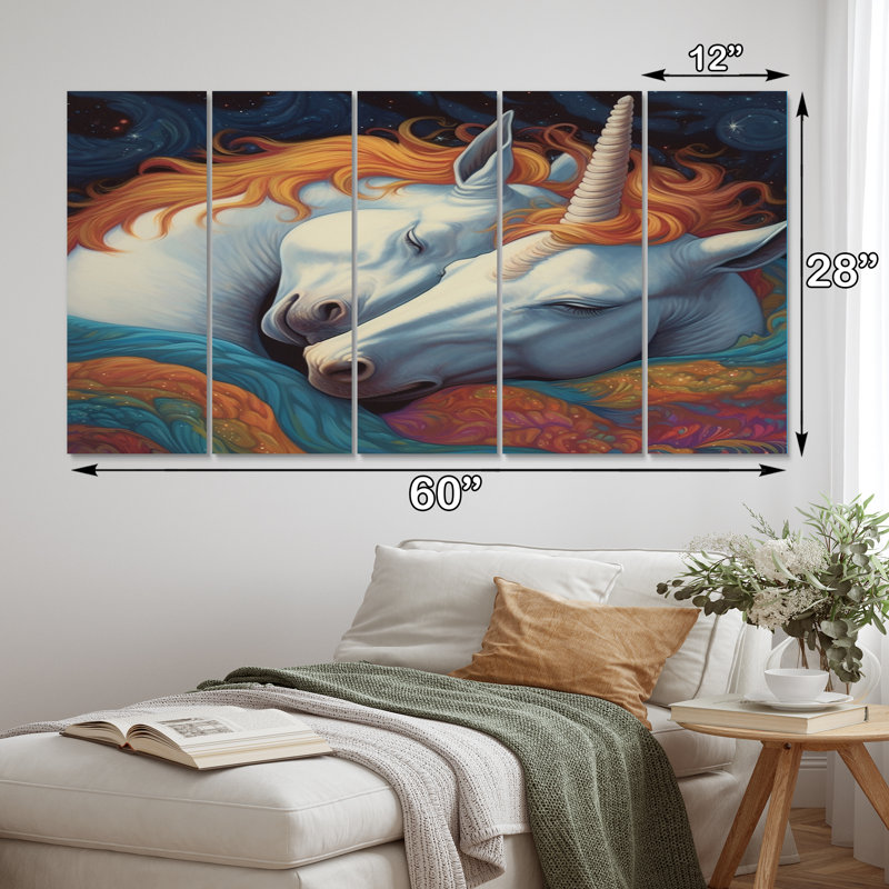 «Cute Unicorns Sleeping Together» - Impression sur toile Licorne fantastique - 5 panneaux égaux