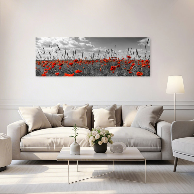 «Dramatic Red Poppies Abstract Contemporary Poppy Flower Landscape», art mural, H 20 po x l 60 po