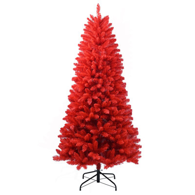 Arbre de Noël rouge 5 pi - Arbre en PVC rouge pur avec 624 pointes, branches articulées pour une installation facile, support en métal stable, décoration audacieuse des Fêtes