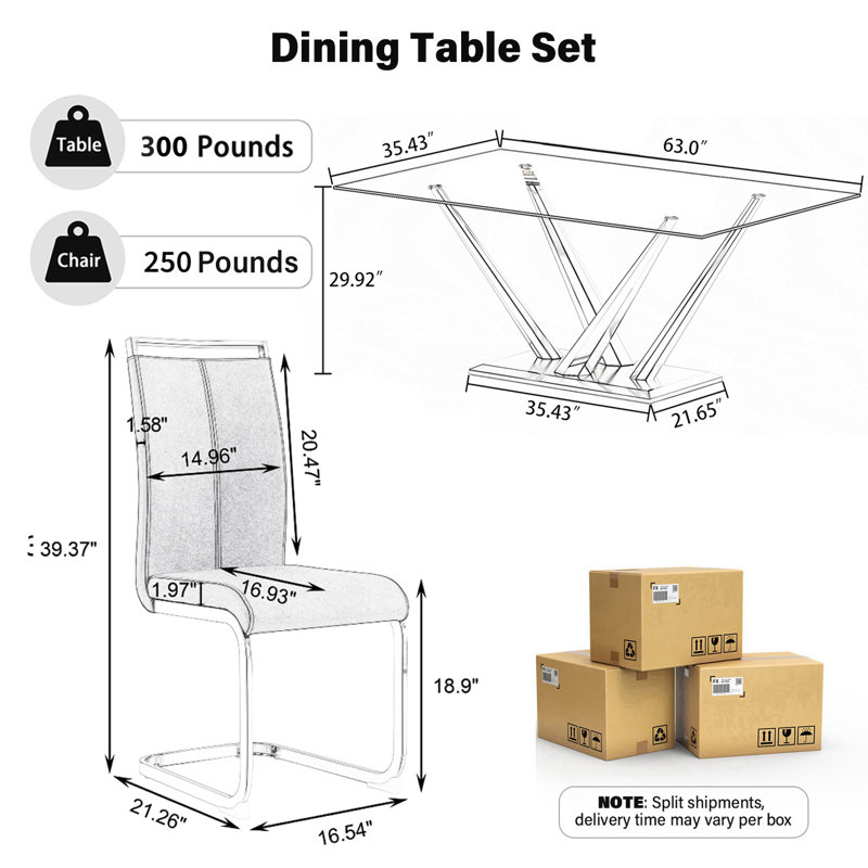 Ensemble de table de salle à manger en verre avec chaises rembourrées en polyuréthane 4/6, base en forme de corne pour la cuisine moderne
